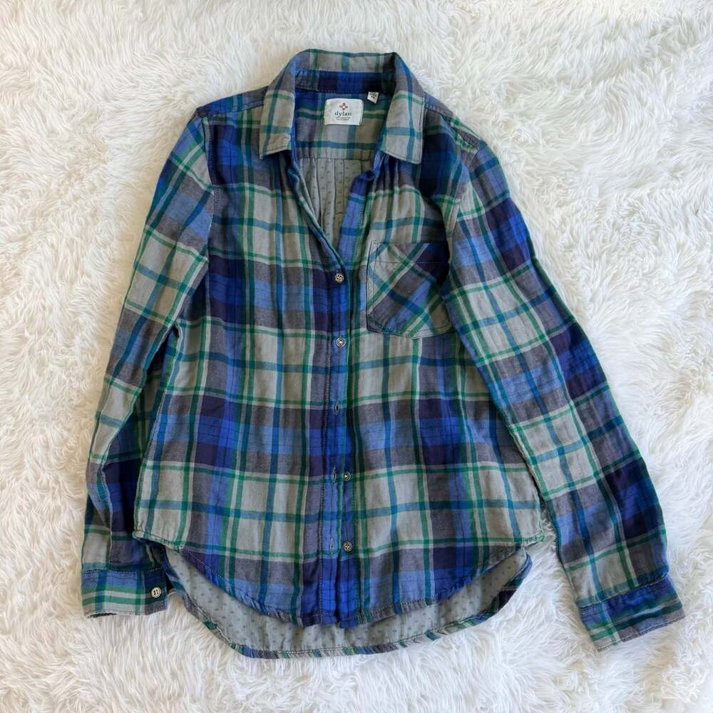 Dylan Plaid Button Down Shirt Size XS Blue Green Cotton